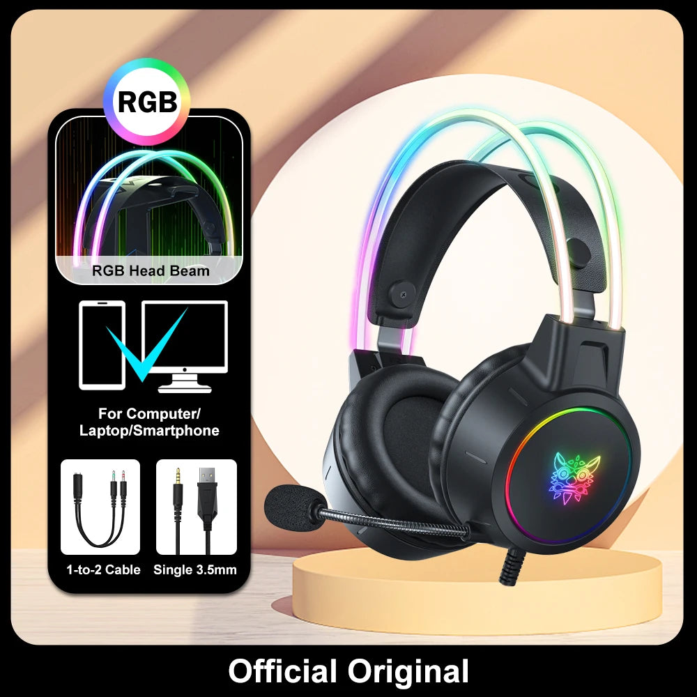 ONIKUMA RGB Gaming-Headset mit oder ohne Ohren und Ständer – Kabelgebundene Kopfhörer mit 50-mm-Treibern & flexiblem HD-Mikrofon | 3,5-mm-Headset für PC, PS4, PS5, Xbox & Nintendo Switch