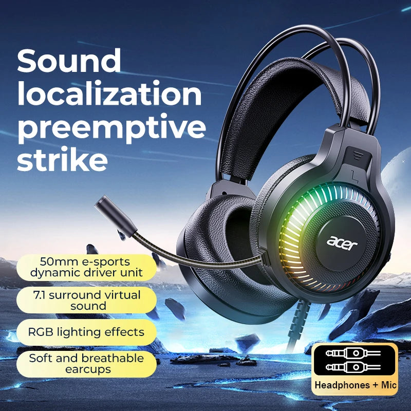 Acer OHW303 RGB Gaming-Headset – Kabelgebundene Kopfhörer mit Mikrofon, RGB-Beleuchtung & komfortablen Ohrpolstern | Gaming-Headset für PC