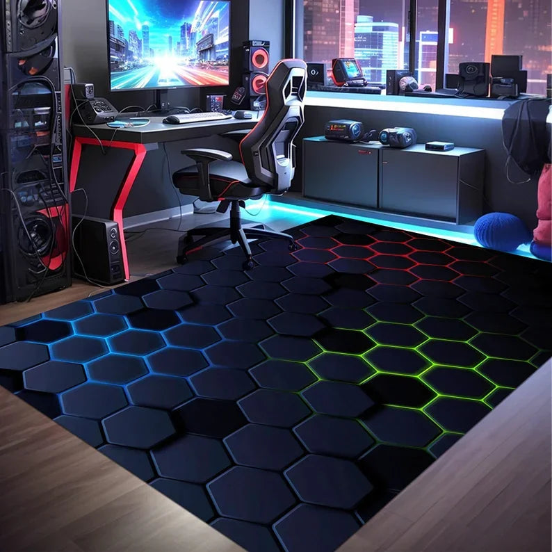 Gaming Teppich Neon – Moderner Rutschfester Gamer Rug mit geometrischem Design | Gaming-Zimmer Deko & Geschenk für Gamer