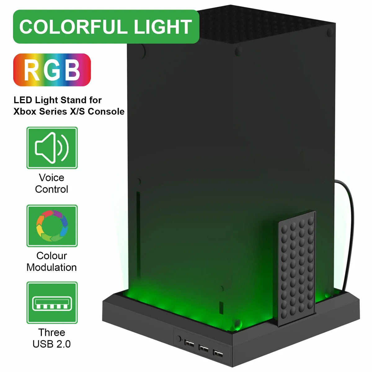 RGB Standfuß für Xbox Series X & Series S – Konsolenständer mit 7-Farben-LED & 3-Port USB-Hub | Vertikale Gaming-Station mit USB 2.0