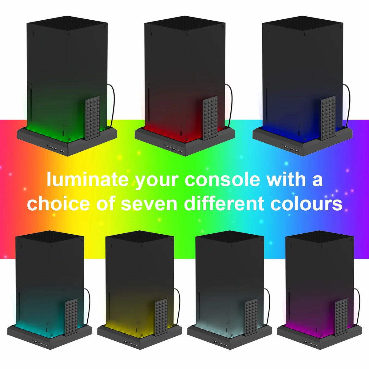 RGB Standfuß für Xbox Series X & Series S – Konsolenständer mit 7-Farben-LED & 3-Port USB-Hub | Vertikale Gaming-Station mit USB 2.0