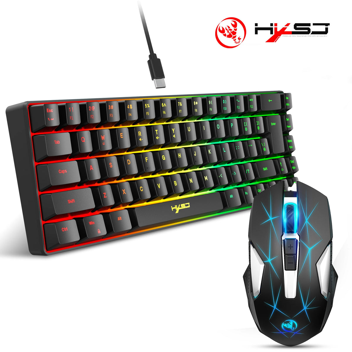 RGB Gaming Tastatur & Maus Set – 68-Tasten Mini Keyboard + kabellose 2400-DPI Gaming-Maus