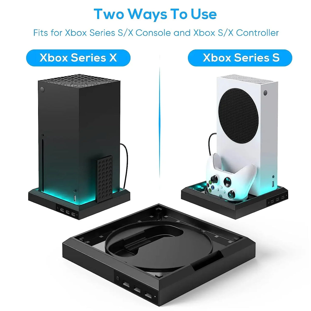 RGB Standfuß für Xbox Series X & Series S – Konsolenständer mit 7-Farben-LED & 3-Port USB-Hub | Vertikale Gaming-Station mit USB 2.0